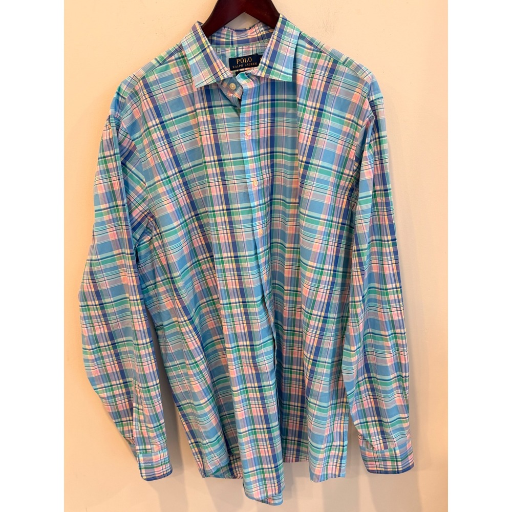 Polo Ralph Lauren Men XLT Plaid Button Down Shirt Blue Green Pink Cotton Stretch